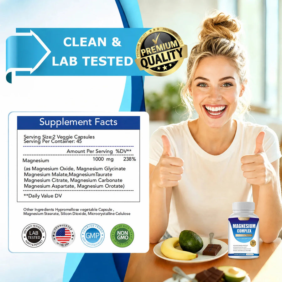 WINYEL 8-in-1 Magnesium Complex vegan capsules with supplement facts and a smiling woman.
