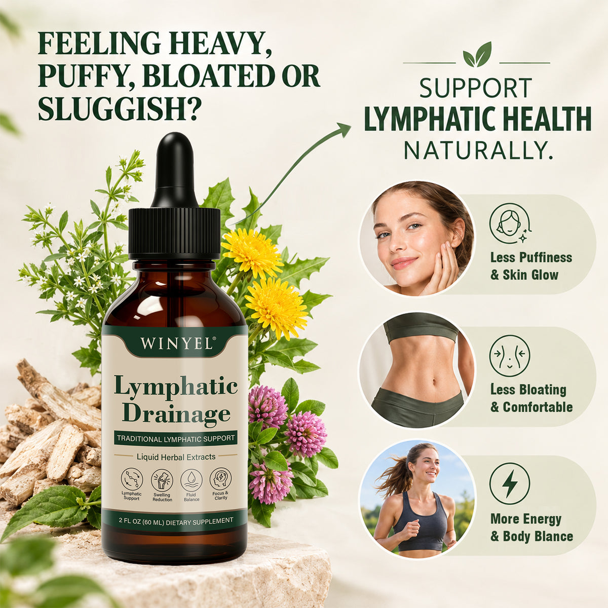 WINYEL Lymphatic Drainage liquid herbal extracts for puffiness, bloating, and energy support.
