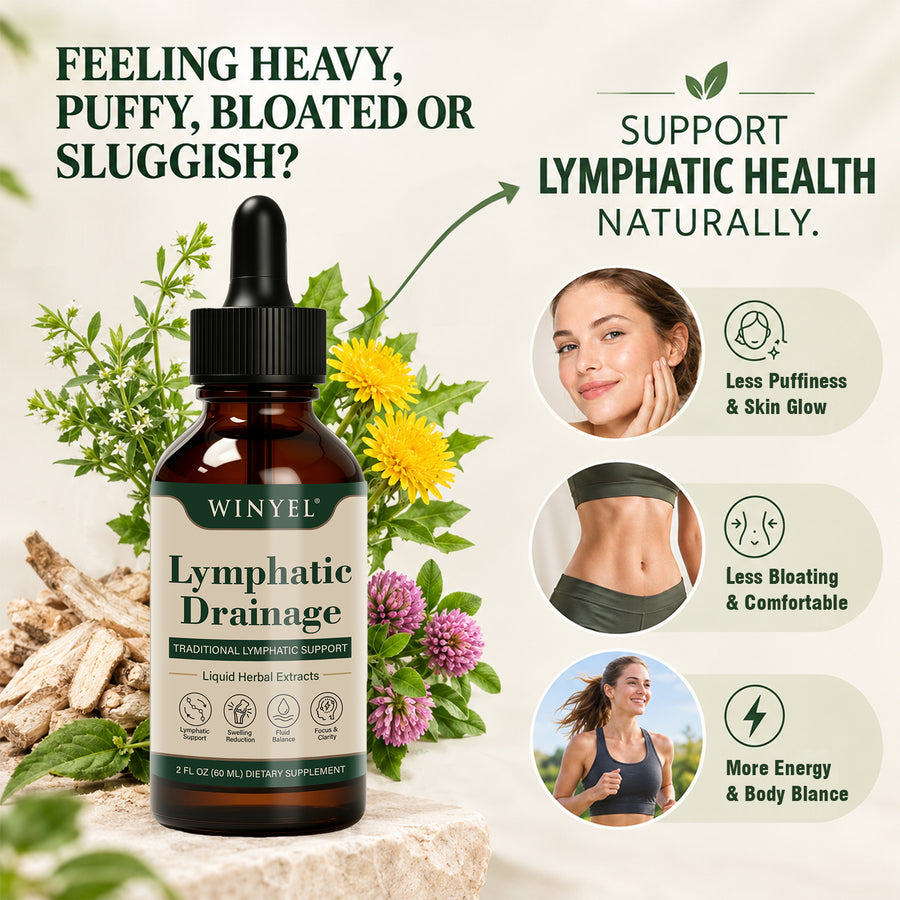 WINYEL Lymphatic Drainage liquid herbal extracts for puffiness, bloating, and energy support.