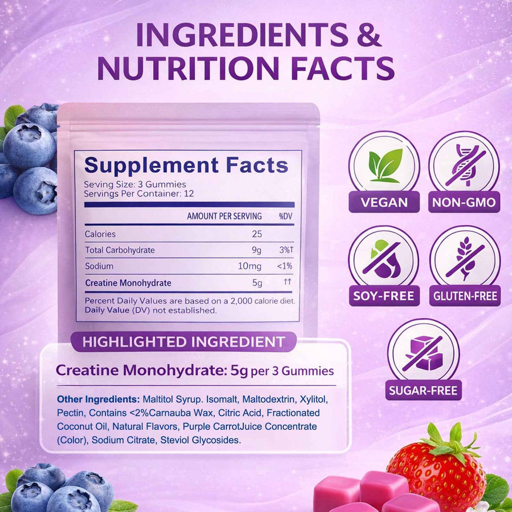 Creatine Monohydrate Gummies – Sugar Free, Berry, 36 Ct