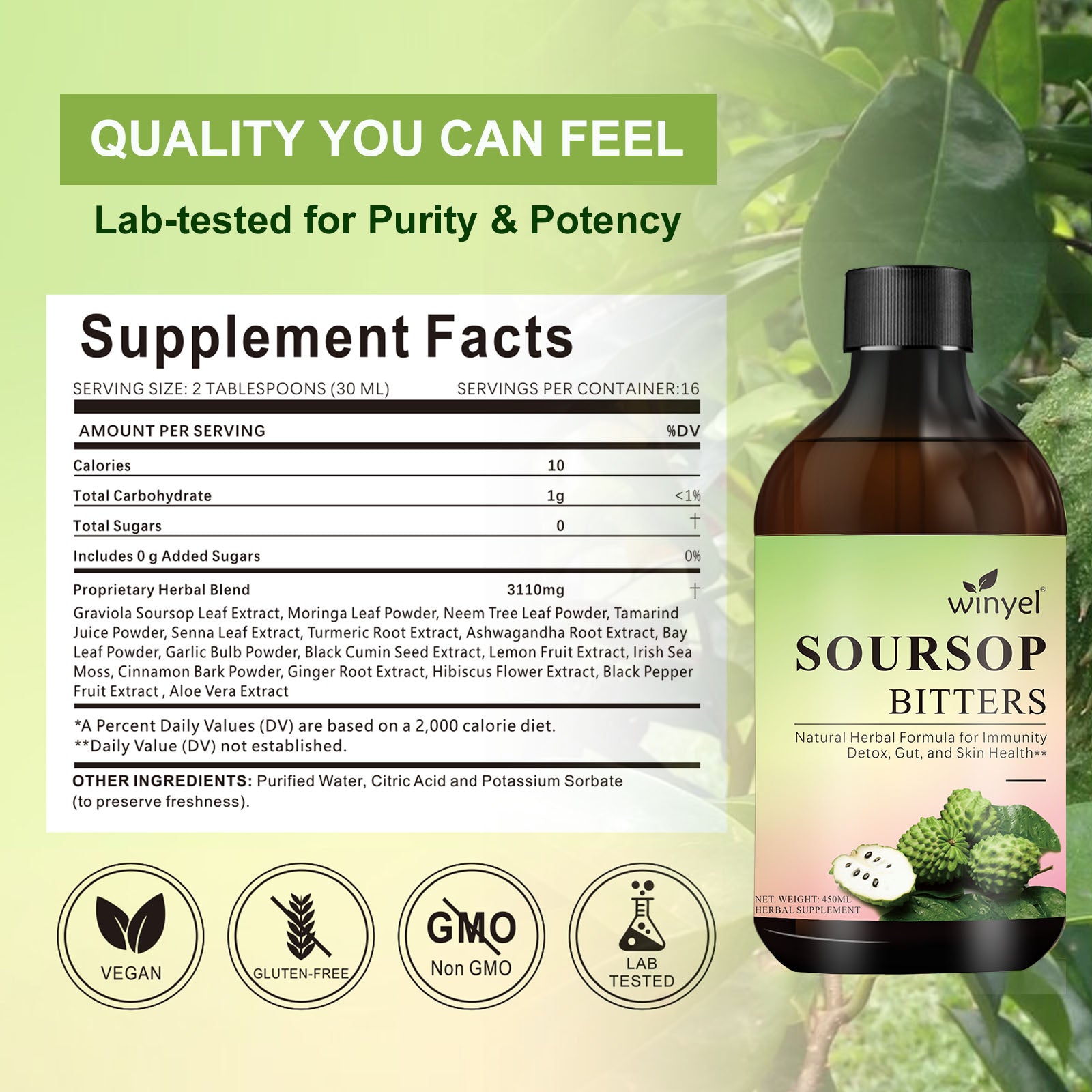 Winyel Soursop Bitters bottle with supplement facts label on a green leafy background