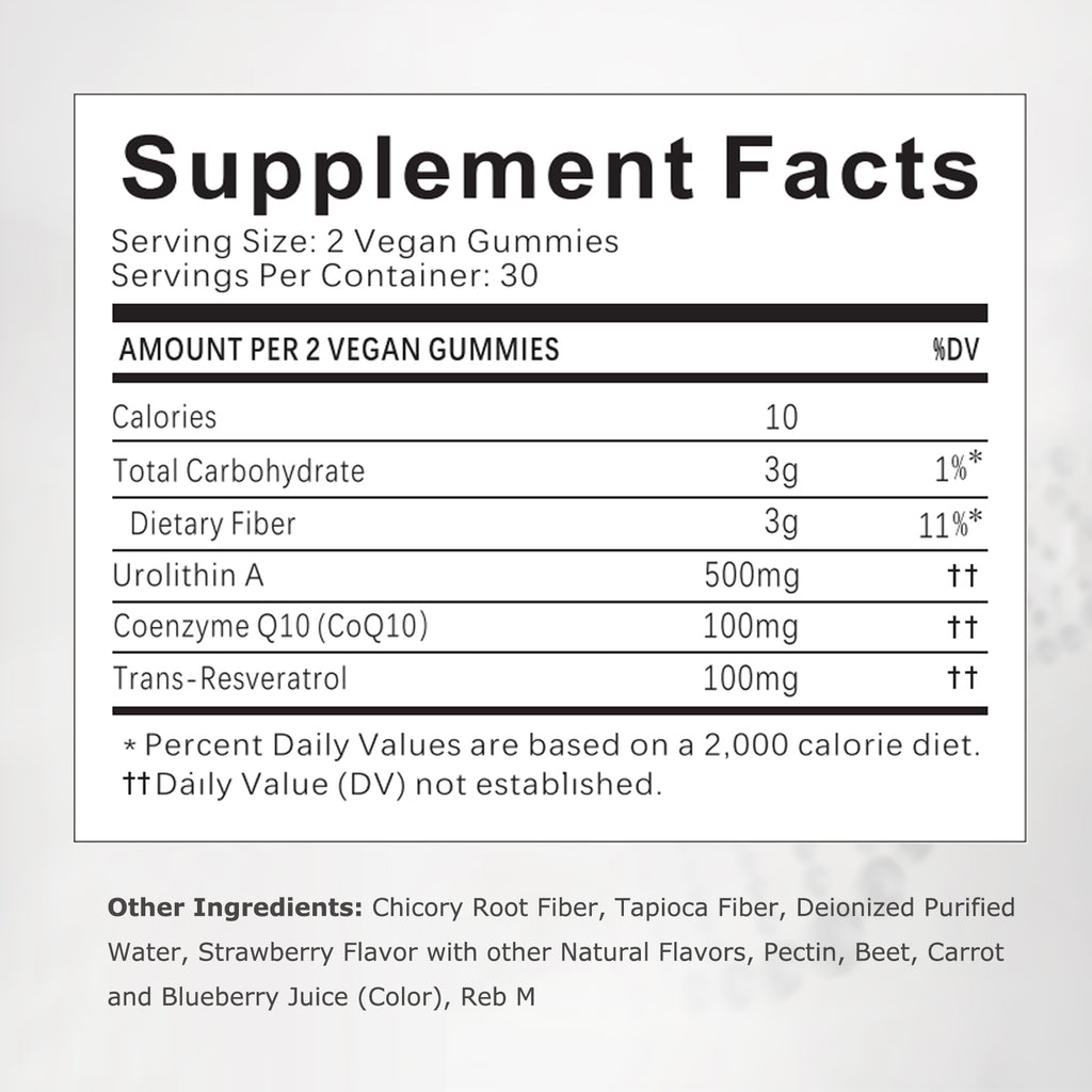 Supplement facts label for vegan gummies on a white background