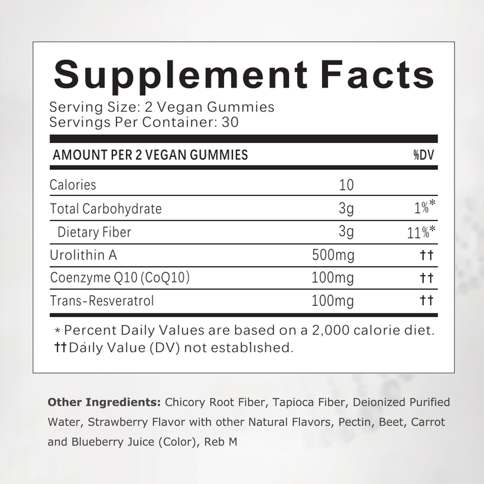 Supplement facts label for vegan gummies on a white background