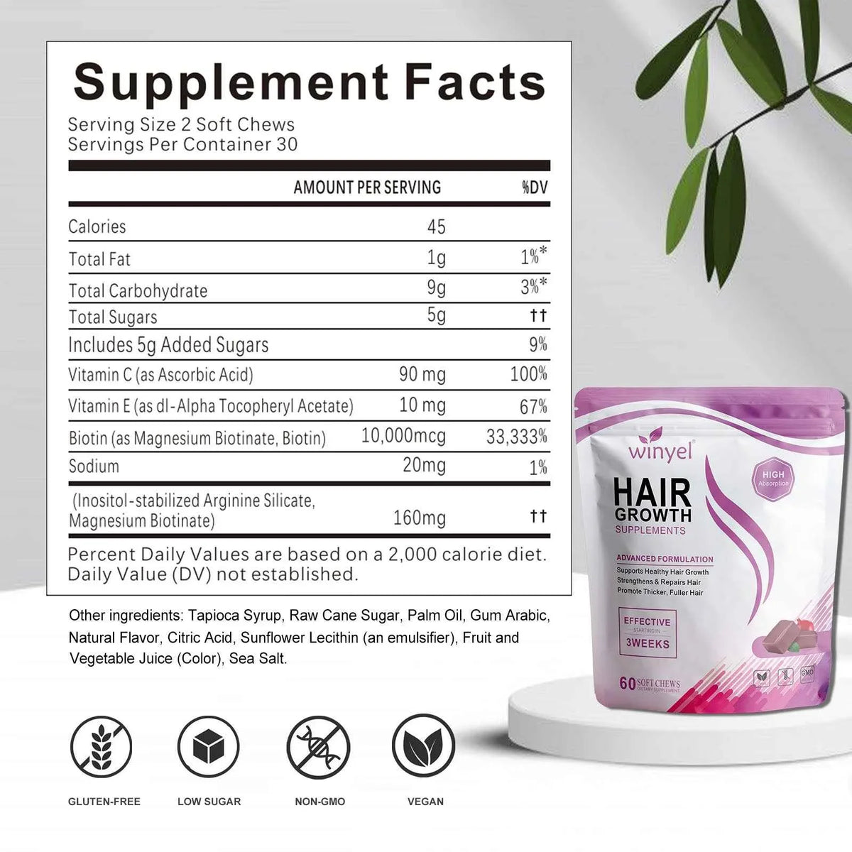 Supplement Facts label for WINYEL hair growth gummies featuring 10,000mcg Biotin.