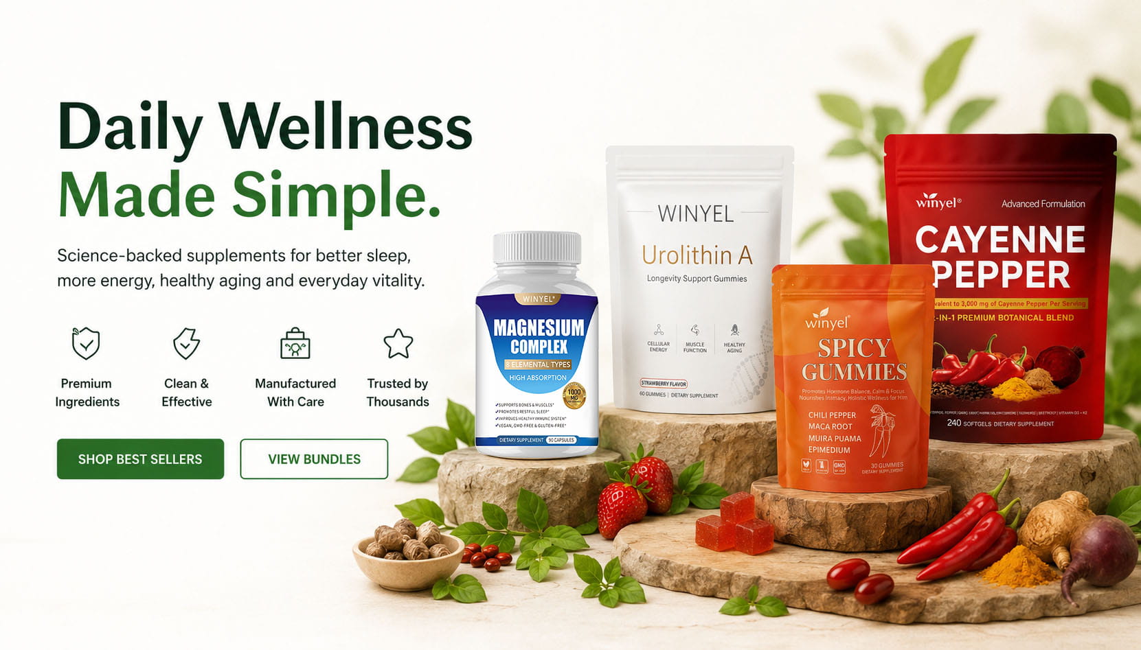 Supplement products on a wooden surface with greenery in the background, featuring branding and product names.