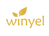 Gold 'winyel' logo with leaf designs on a white background