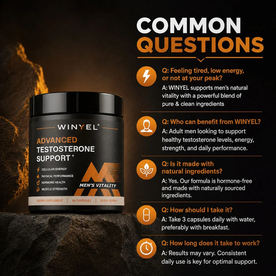 WINYEL Advanced Testosterone Support supplement bottle with common questions and answers.