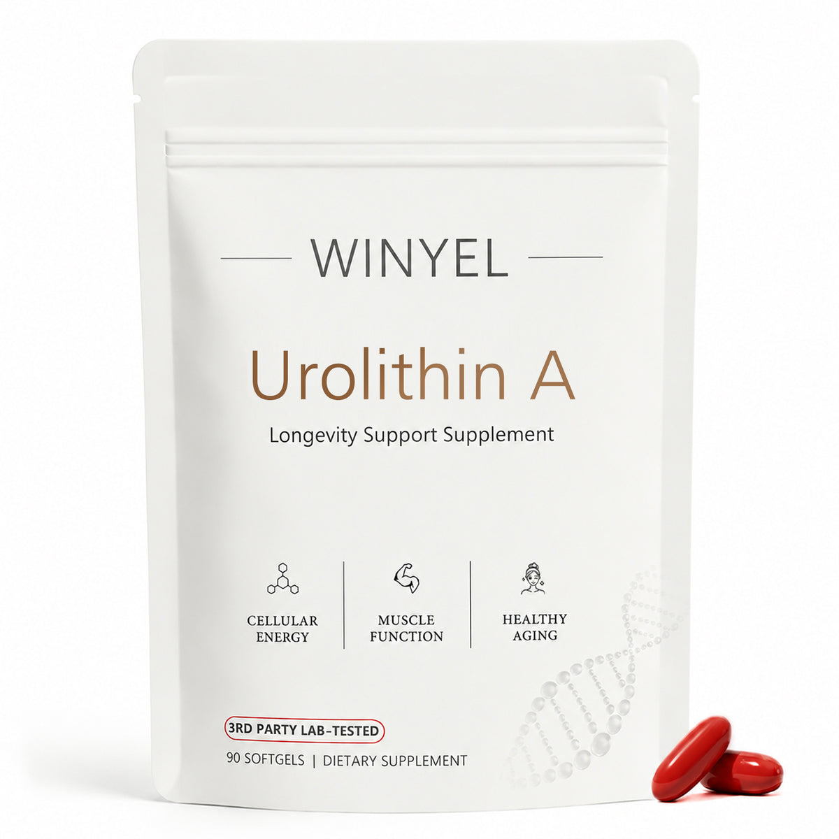 WINYEL Urolithin A Longevity Support Supplement pouch with red softgels