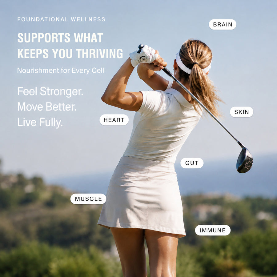 Woman golfing with labels highlighting brain, skin, gut, immune, muscle, and heart health.