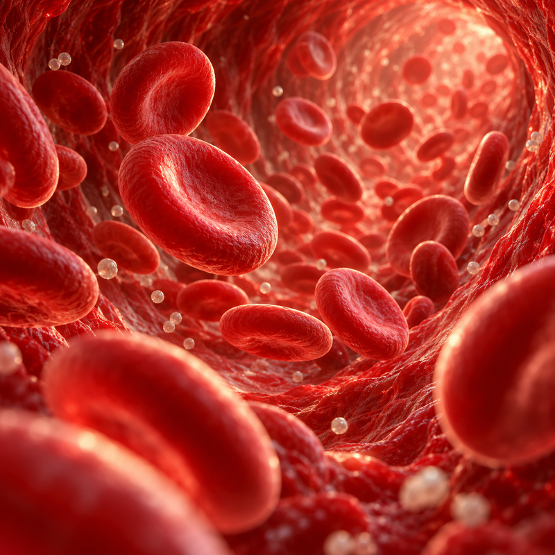 Illustration of red blood cells moving through a blood vessel.