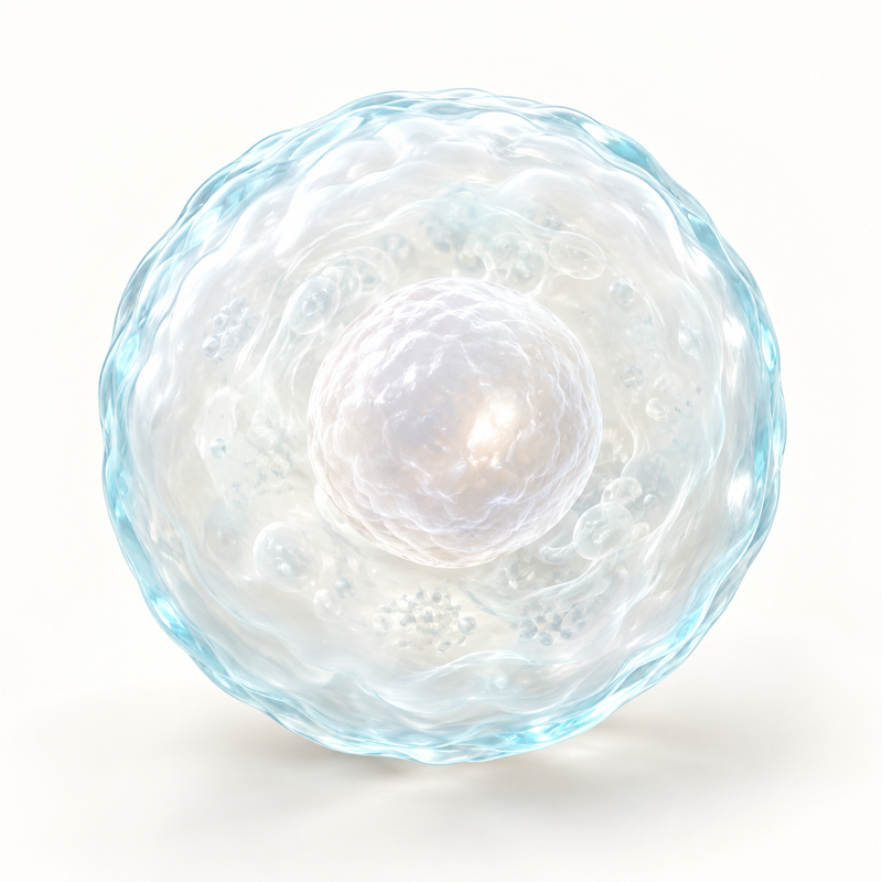 Translucent cell illustration with a pearl nucleus and cyan membrane.