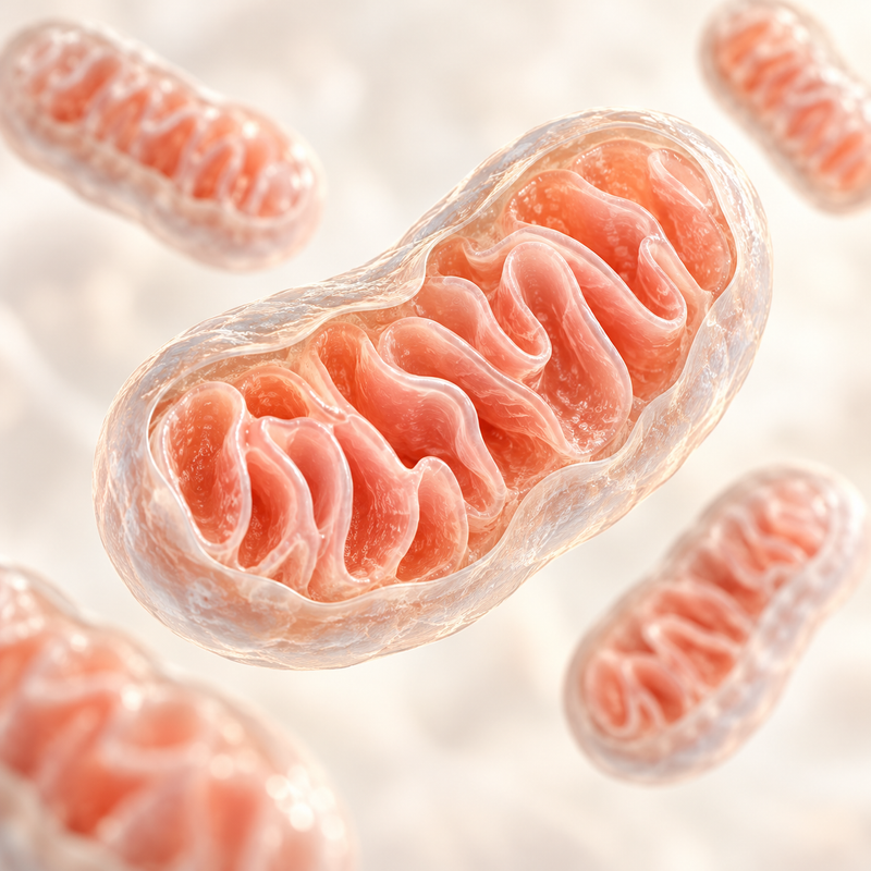 Illustration of several mitochondria with folded internal membranes.