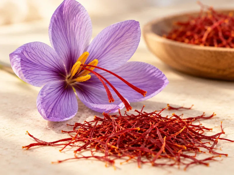 Purple saffron crocus flower and red saffron threads.